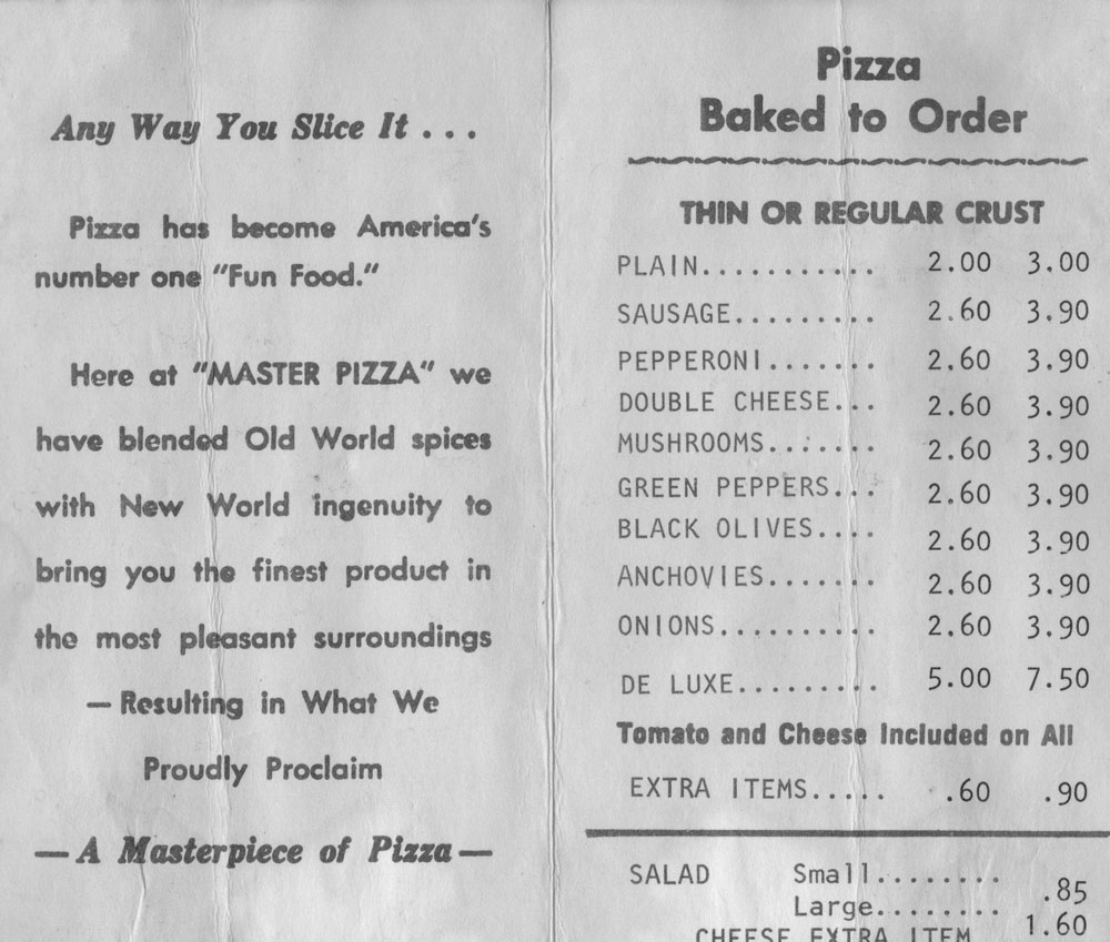 an early menu shows a cheese pizza listed for only $2